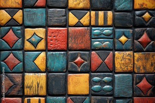 Carved Wooden Panel with Geometric Patterns and Vibrant Colors