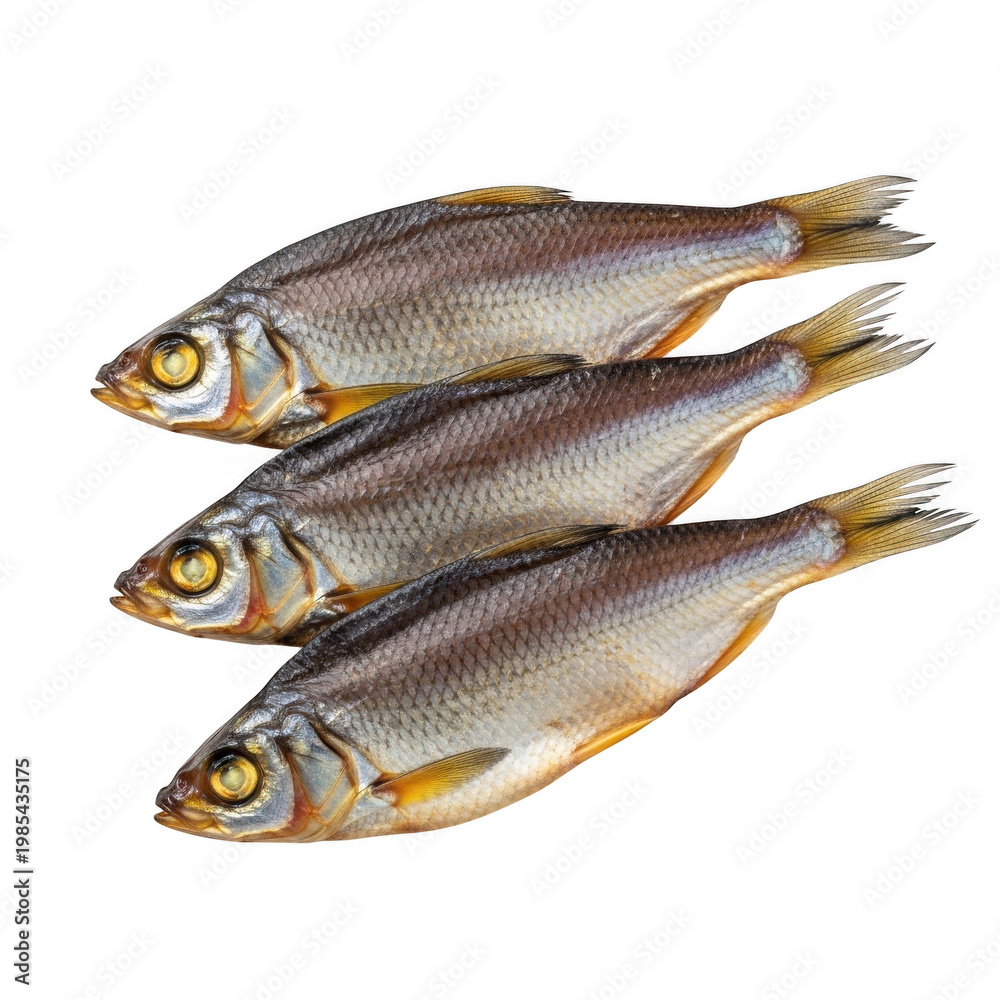 Fototapeta premium Three dried river fish arranged diagonally showcasing texture and detail on transparent background