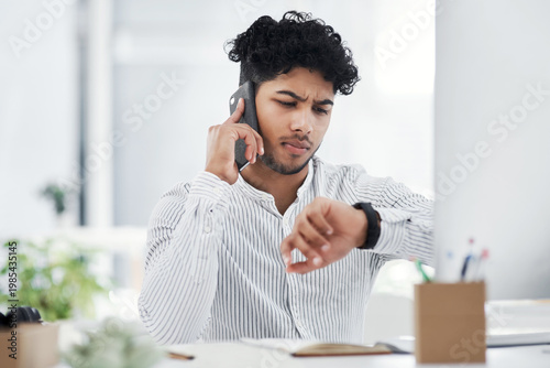 Картината върху платно Computer, phone call and watch with business man at desk in office for deadline or schedule