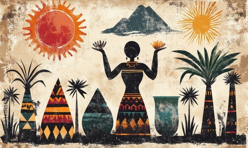 Egyptian Goddess Ma'at with Scales and Palm Trees - Illustration