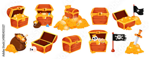 Treasure chests, coins, gems, skulls and pirate items in cartoon style on white background, concept of wealth. Vector illustration