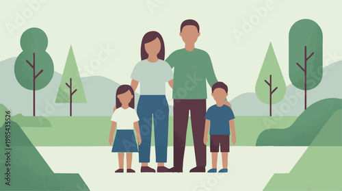 Family of four standing together in a park, flat minimalist illustration