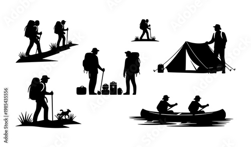Outdoor adventure silhouettes hiking camping and canoeing people vector set