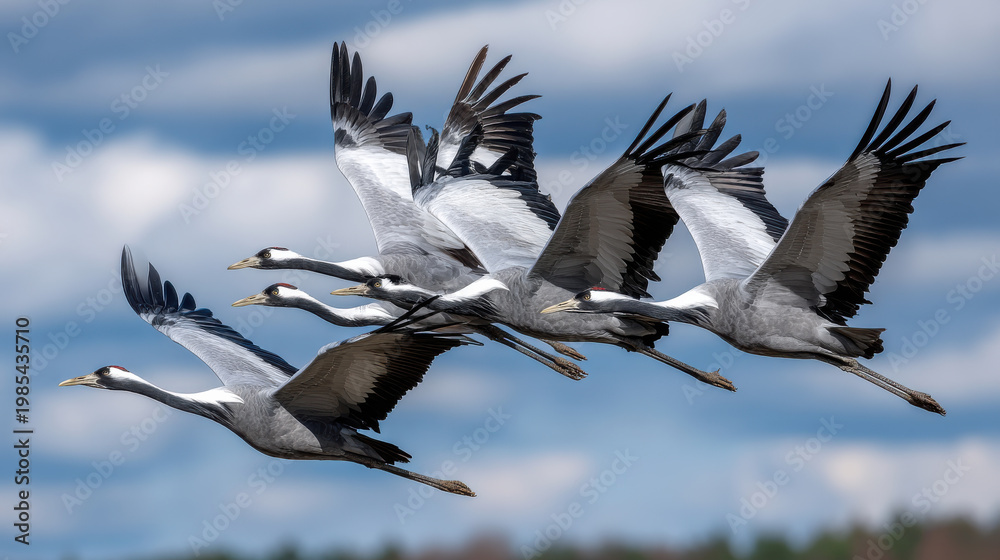 Fototapeta premium Crane bird flock migration sky wing wildlife nature flight freedom graceful crane bird flock migration blue sky with wide wing detail wildlife nature flight and freedom feeling clean air over
