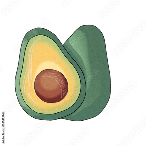 Halved avocado with pit on white background ripe green skin and yellow flesh