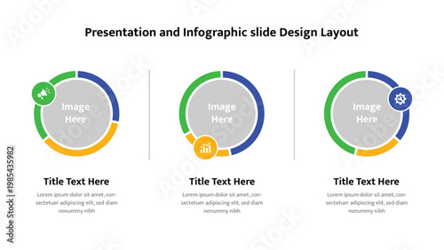 Modern presentation slide layout with three data information circles and icons