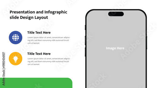 Modern presentation slide template featuring mobile phone mockup and informational icon elements