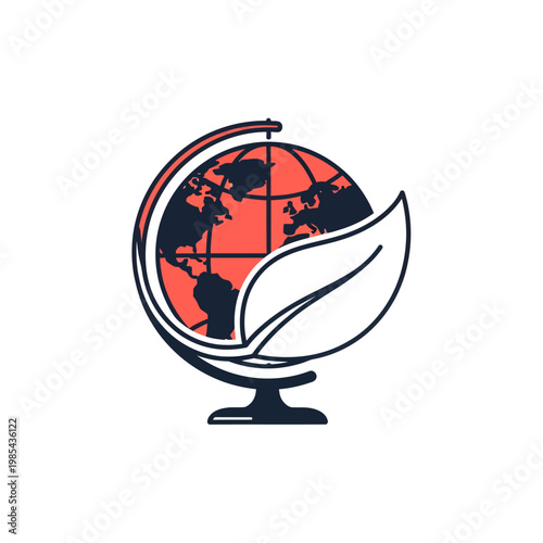 A stylized logo featuring a globe with landmasses in red and oceans in white, partially covered by a white leaf, symbolizing global environmental care and sustainability.