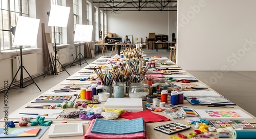 Art studio setup with long table filled with painting supplies brushes paints and canvases ready for creative workshop or class