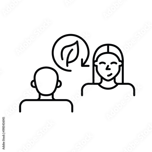 Sustainable conversation. Environmental dialog. Man, woman and leaf in renew arrow. Pixel perfect, editable stroke vector icon