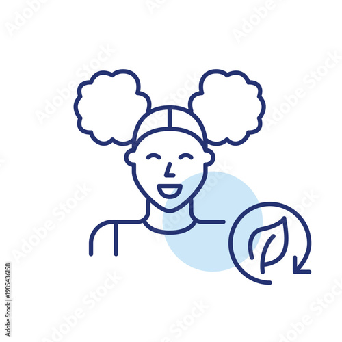 Happy young woman, leaf and renew arrow. Sustainable lifestyle, eco-friendly forum user and activist. Pixel perfect, editable stroke vector icon