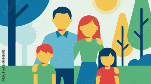 Happy family with two children enjoying outdoor leisure time in a park