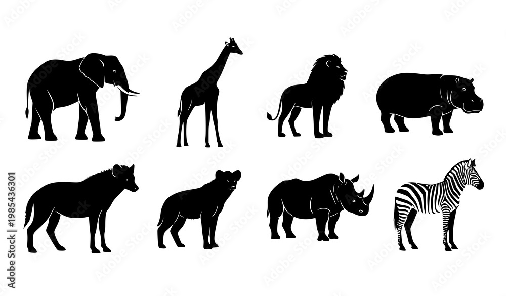 Fototapeta premium Wild animal black silhouette set with elephant giraffe lion zebra rhino hippo and hyena vector icons