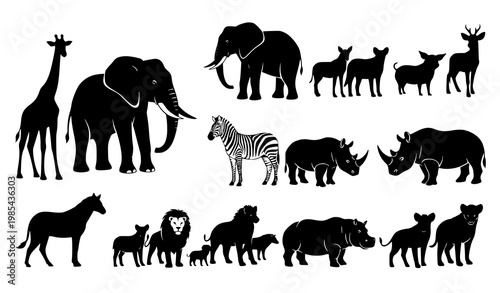Black animal silhouette icon set with wild and safari animals elephant giraffe lion zebra rhino hippo vector