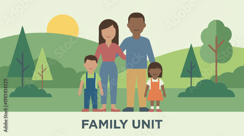 Happy multiracial family unit enjoying outdoor time in a green park illustration