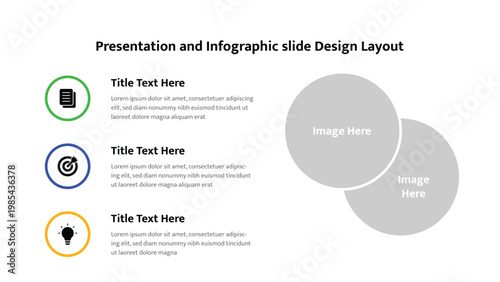Presentation and infographic slide with icons and two large circular image placeholders