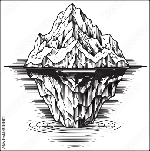 Ancient illustration of an iceberg floating in calm waters with intricate detailing vector illustration