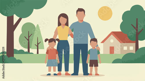 Family with two children standing outdoors near their home illustration