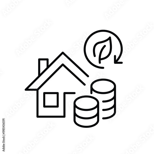 House, stack of coins, leaf and renew arrow. Sustainable living and mortgage investments. Pixel perfect, editable stroke vector icon