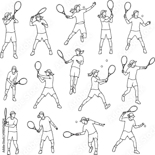 flat vector illustration of diverse people playing tennis in dynamic poses on white background
