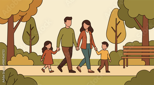 Family with two children walking hand in hand in a park during autumn
