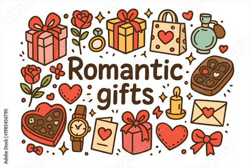 Romantic Gift Doodles. Romantic gifts. Hand-drawn doodle illustration of Romantic gifts. Wrapped boxes,
