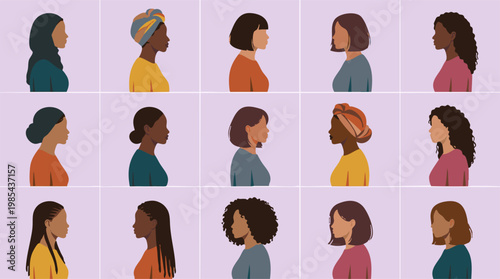 Minimalist profile portraits of diverse women, representing different looks
