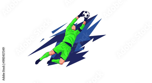 Soccer Goalkeeper in Green Diving Save.
