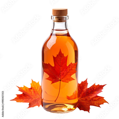Bottle of golden maple syrup with red autumn maple leaves, isolated on a transparent background