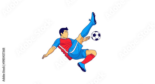 Soccer player kicking a ball high.