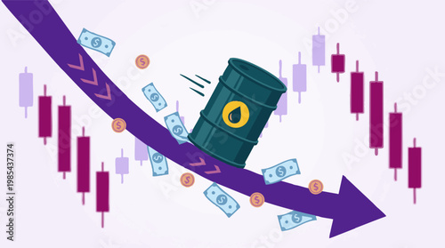 Oil price crash and stock market decline with falling money illustration