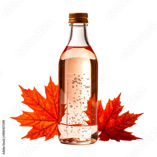 Clear Glass Bottle with Amber Liquid and Bubbles, Flanked by Vibrant Red Maple Leaves, Isolated on Transparent Background