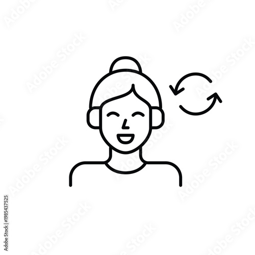 Woman in headphones and renew arrows. Music subscription resumed, podcasts new season. Pixel perfect, editable stroke vector icon
