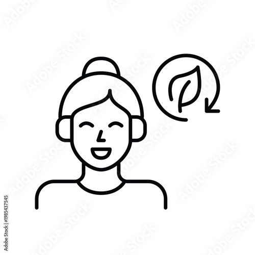 Woman listening to podcast in headphones, leaf and renew arrow. Ecology and sustainability lessons. Pixel perfect, editable stroke vector icon