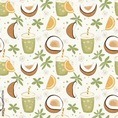 Seamless vector pattern design featuring a set of hot coffee and tea cup icons with caffeine beverage leaves for cafe kitchen breakfast illustration