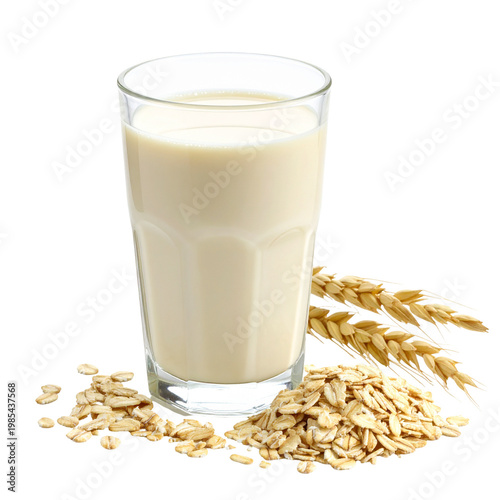 Glass of oat milk with rolled oats and wheat ears on a transparent background