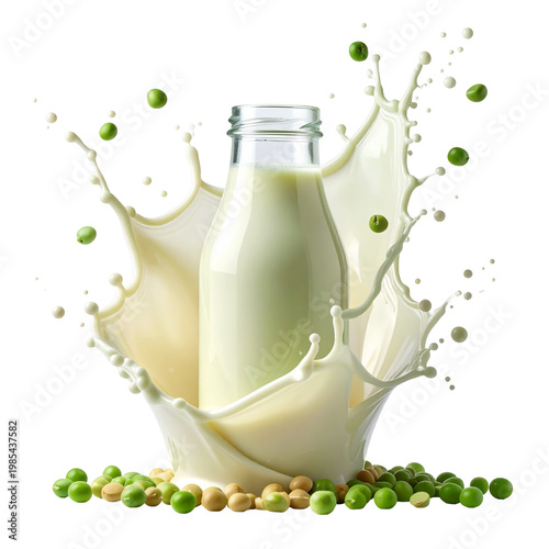 Soy Milk Splash with Peas and Bottle, Transparent Background