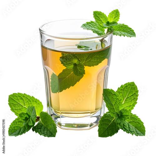 Refreshing Mint Tea in a Glass with Fresh Mint Leaves, Isolated on Transparent Background