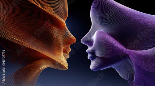 Abstract face digital art light line futuristic portrait purple orange profile surreal minimal dark background Two abstract face digital art made from flowing light line create futuristic portrait