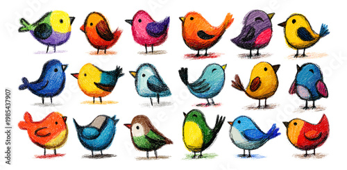 Birds child drawing. Colorful spring birds, color chalk charcoal crayon kids hand drawn doodle art red blue green yellow feather songbird tit canary sparrow set vector illustration