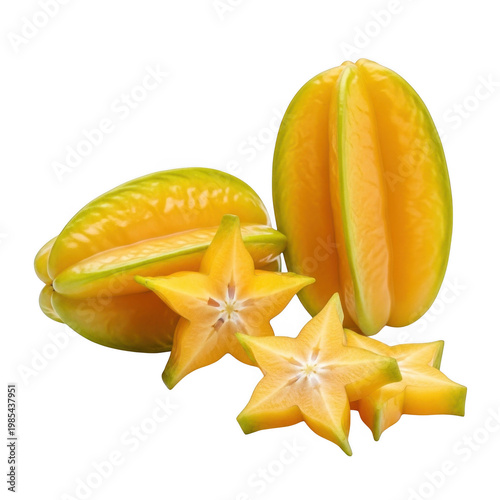 A vibrant arrangement of carambola slices and a whole fruit perfect for design on transparent background