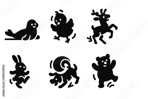 Silly Motion Icon Set. Silly motion moments. Filled icon set of Silly motion moments: sliding seal, dancing