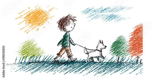 Boy walks dog. Kid walking puppy summer park, child crayon hand drawn little owner pet animal on leash city garden color pencil art landscape paper drawing vector illustration