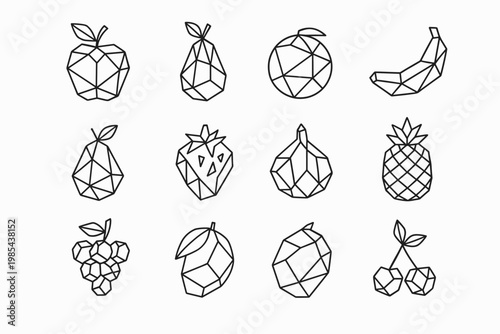 Crystal Fruit Icons. Crystal-grown fruits. Line outline icon set of Crystal-grown fruits: faceted apple, prism