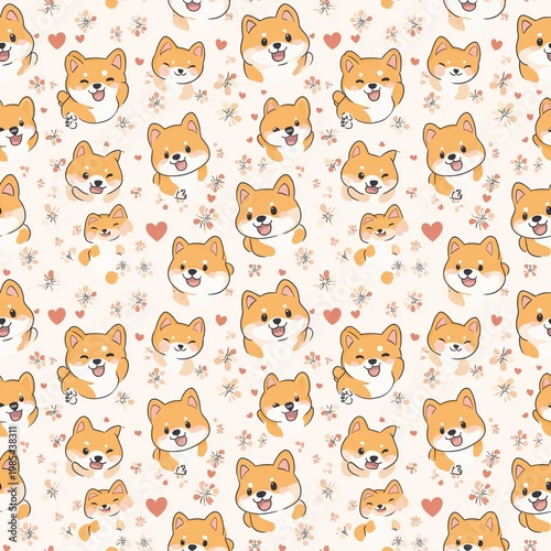 Funny cartoon animal vector set featuring a seamless pattern with a collection of cute cat, dog, and bear faces in a fun baby art design