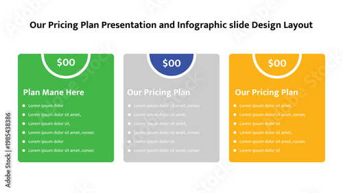 Three customizable pricing plan templates in green, grey, and orange with placeholder text for features