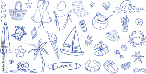 Summer Travel Beach Elements Doodle Vector Illustration Set 