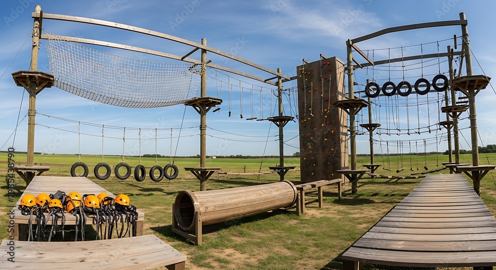 Fototapeta premium Outdoor adventure ropes course with climbing wall obstacle course and safety harnesses for extreme sports and recreation