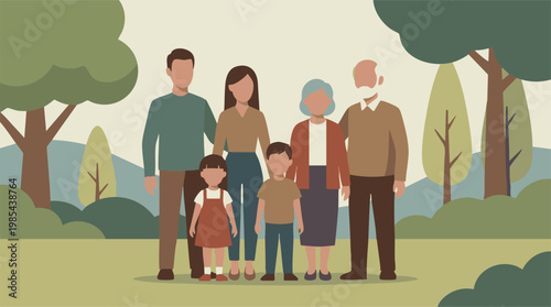 Multi-generational family portrait in a park with minimalist illustration style