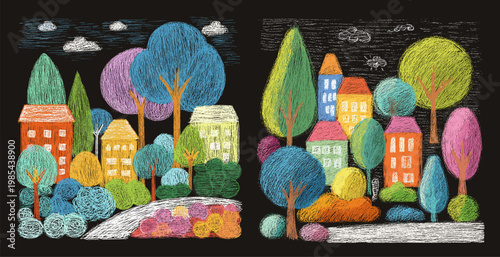 Crayon city landscape. Park garden child chalkboard drawing, home house autumn trees green bushes school kids color crayons hand drawn tawn background isolated vector illustration